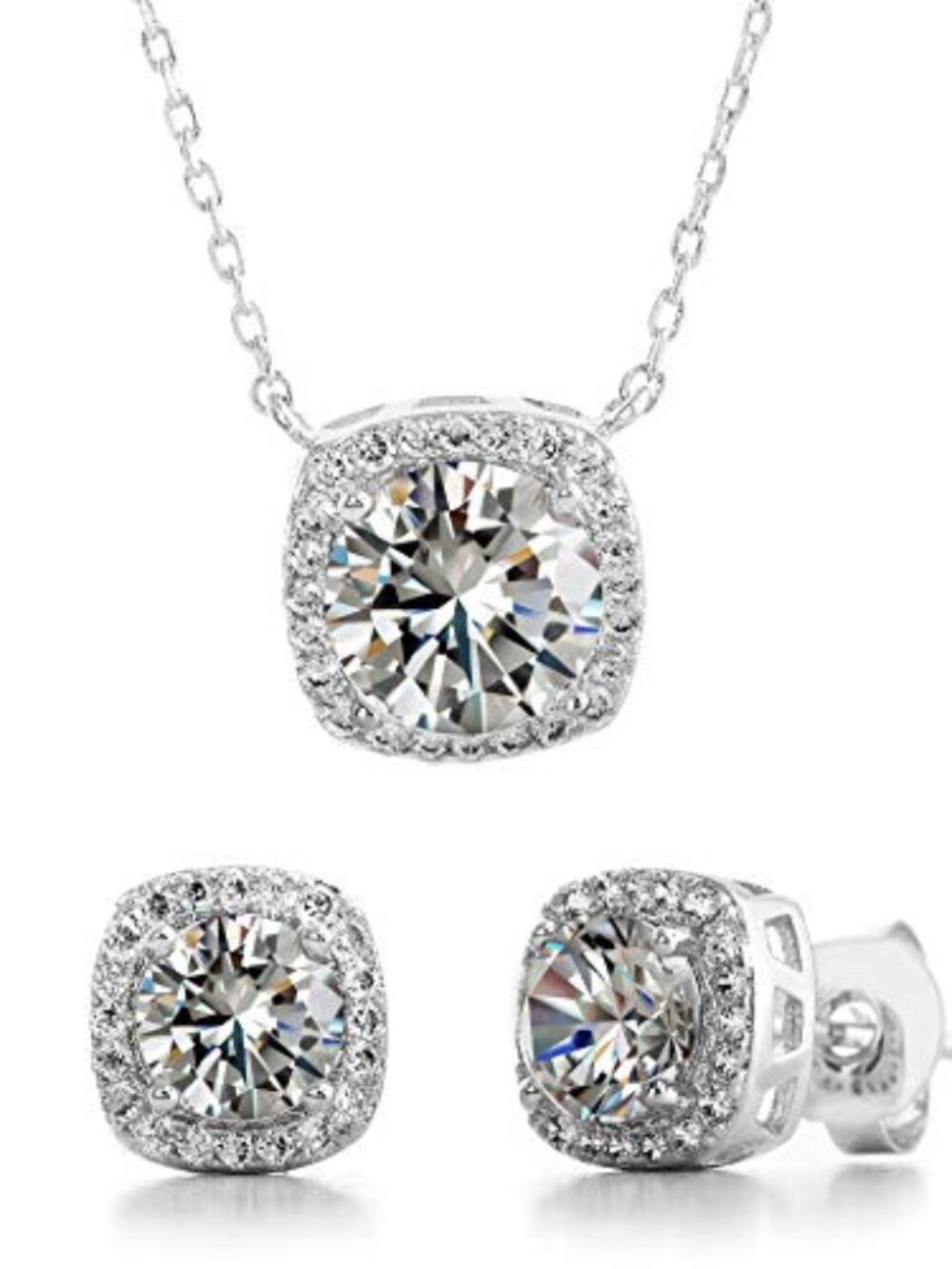 New - Stud Halo Cushion Shaped Earrings for Women and 18 Inch Necklace for Women